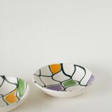 Pair of ceramic ramekins, abstract patterns in yellow, purple, and green, Pornic model, 1960.