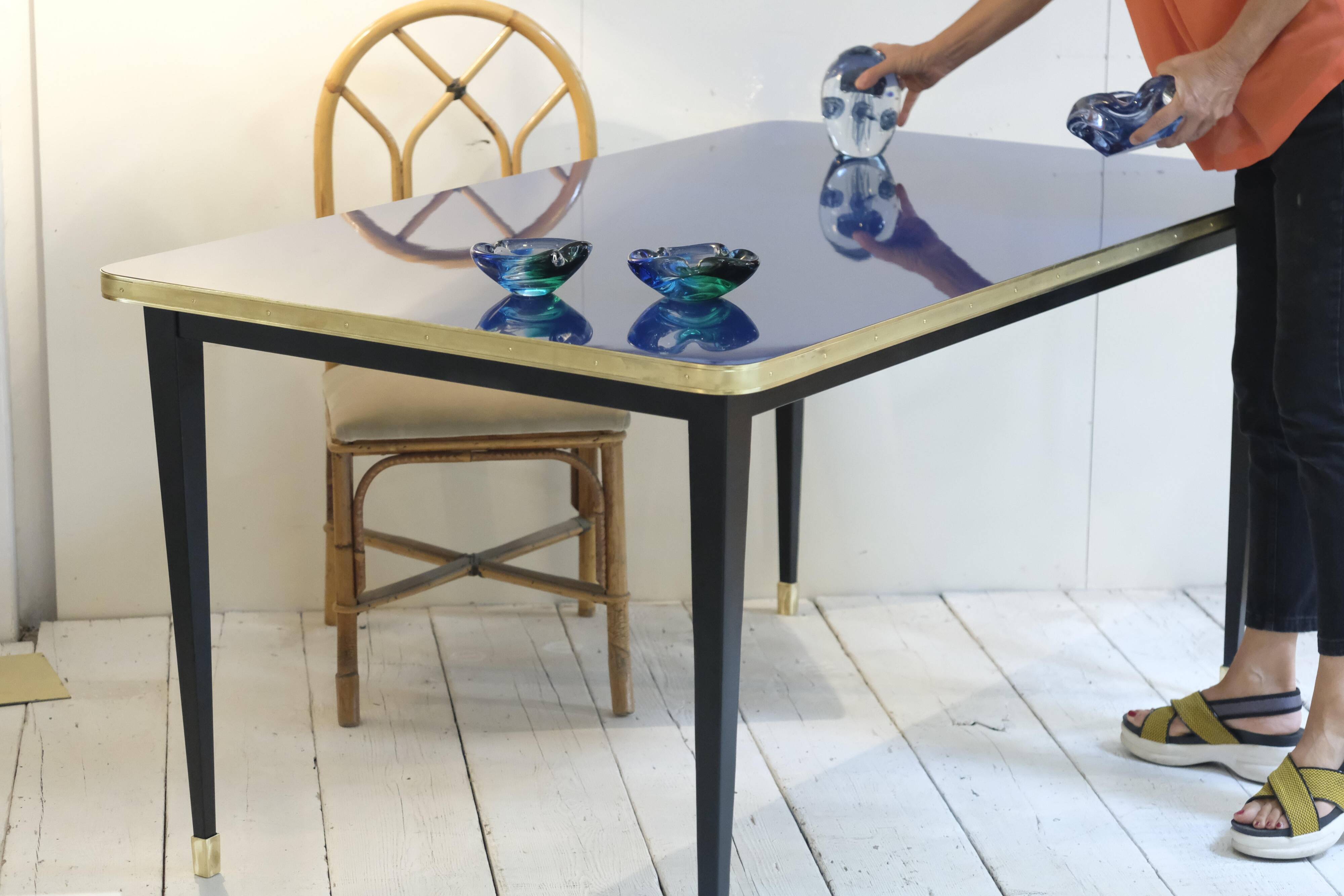 Dining Table, High Gloss Laminate, Brass, Tapered Legs, Navy Blue - XL