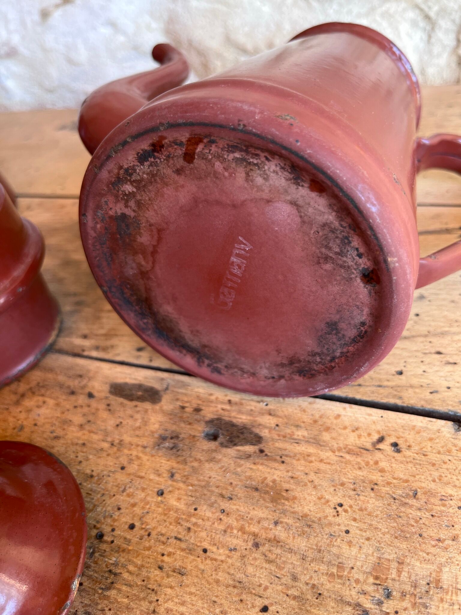 Vintage enameled coffee maker and milk jug