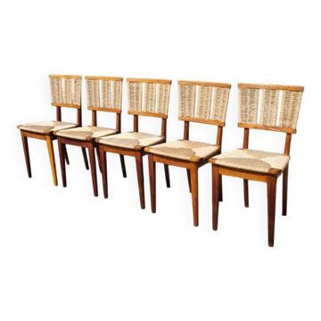 Ensemble de 6 chaises vintage design néerlandais Mart Stam a2-1 en bois et paille rustique 1947