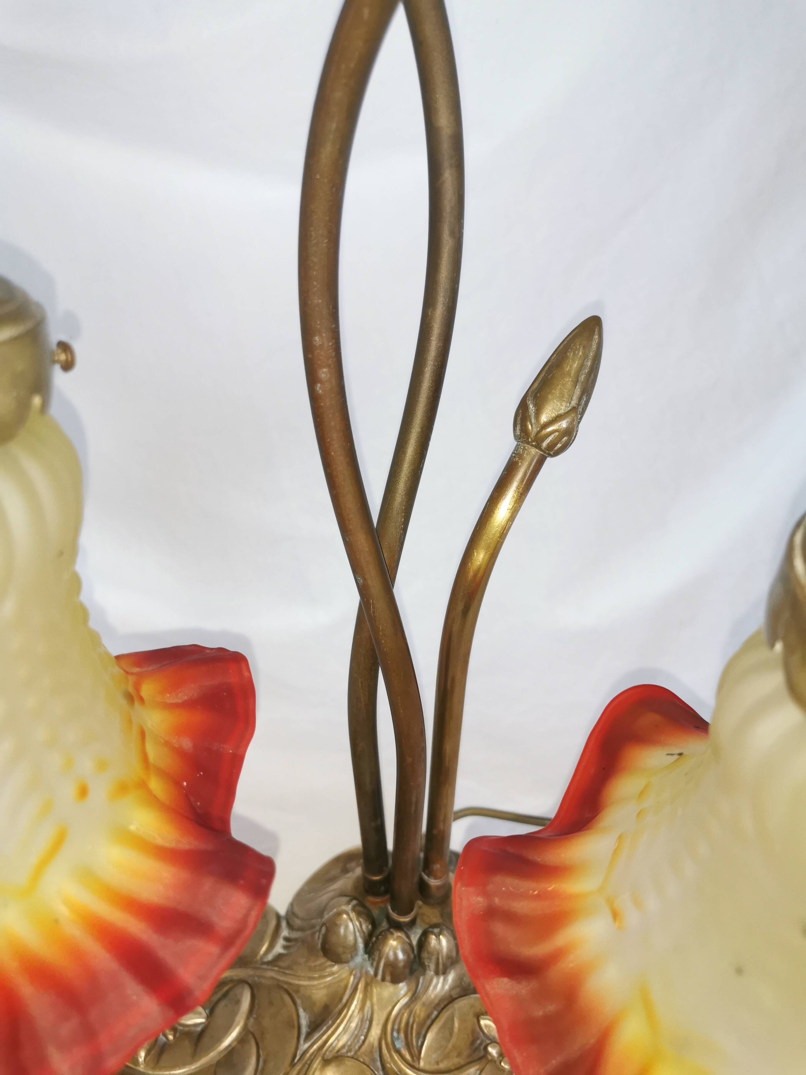 Brass water lily lamp and glass paste tulip, double, art nouveau style.