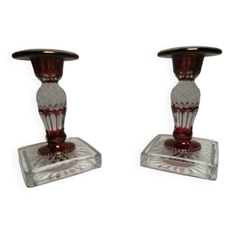Vintage Westmorland candle holders, candle holders, Ruby Red Flash. Artist signed dated