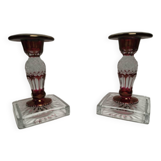 Vintage Westmorland candlesticks, Ruby Red Flash candle holders. Artist signed and dated.