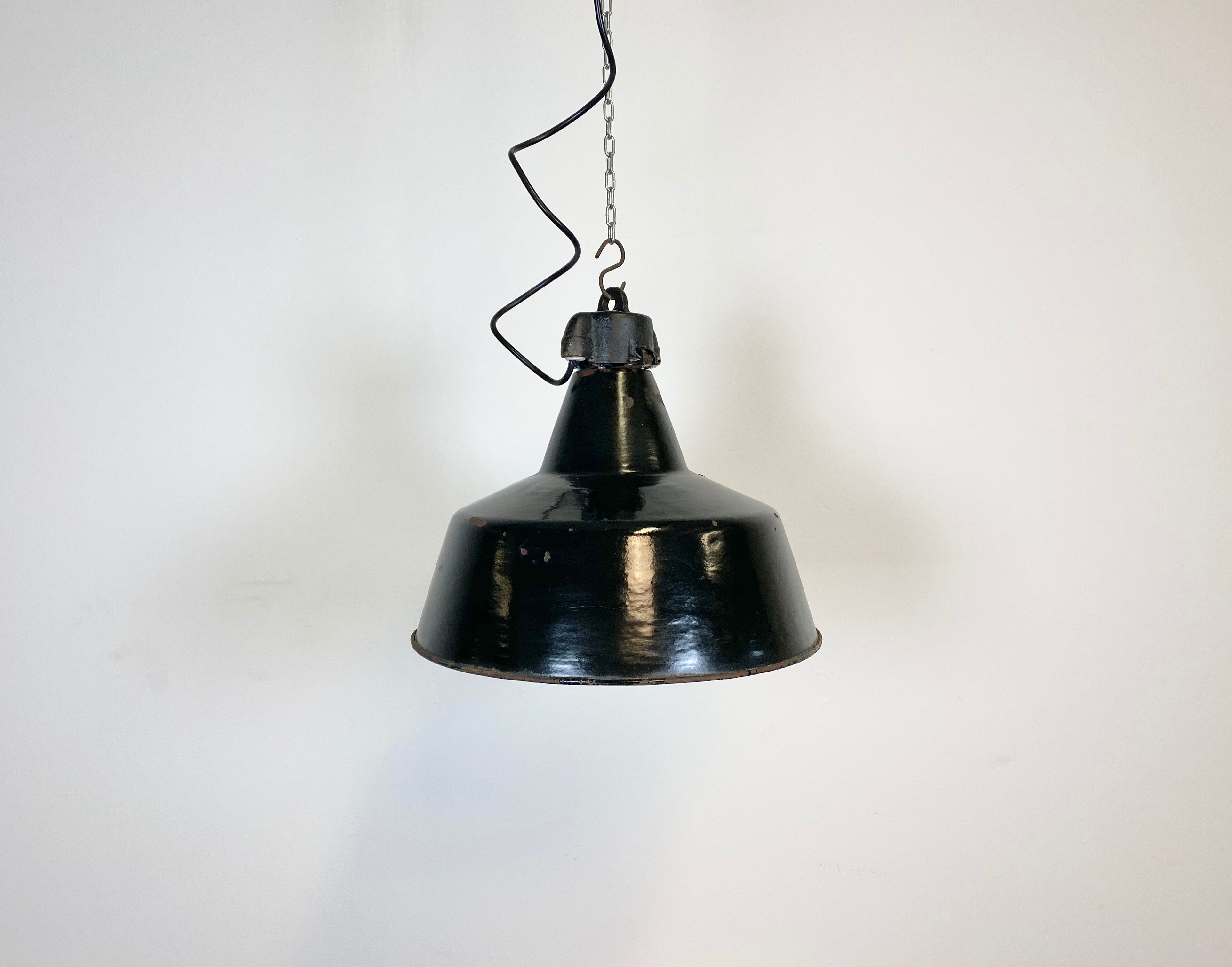 Industrial black enamel pendant lamp with cast iron top, 1970s