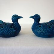 2 blue ceramic duck flower picks