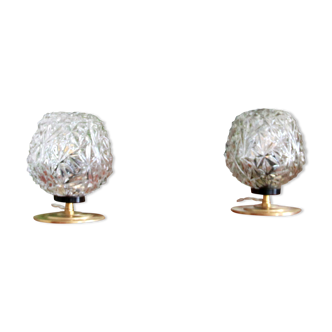 Pair of antique globe bedside desk lamps in brass foot molded glass