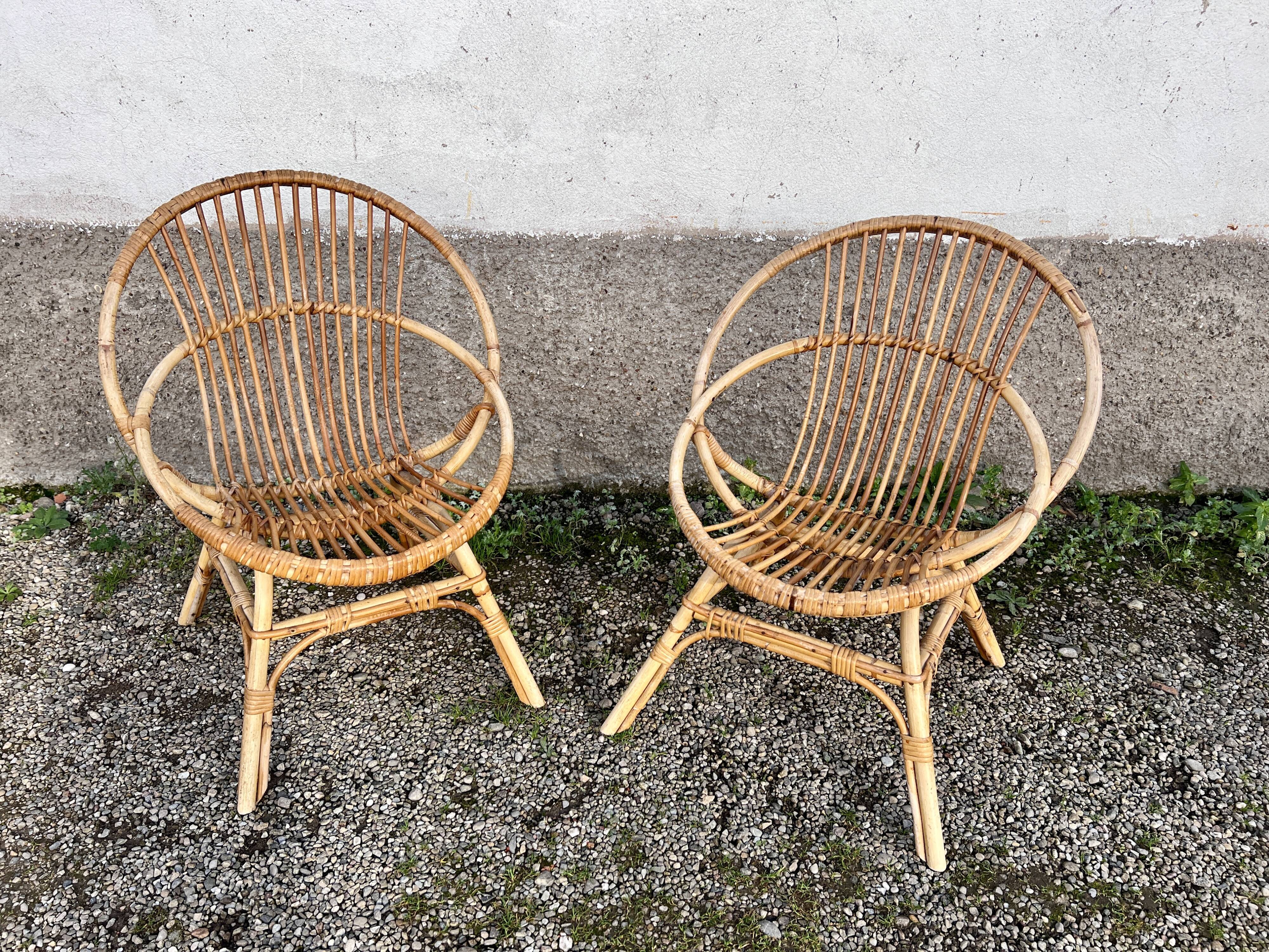 Paire de chaise loveuse fauteuil en rotin bambou 1950