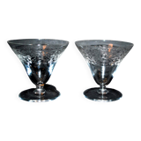 Set of 2 flared crystal glasses engraved guilloche scrolls art deco 1920 champagne cocktail cup
