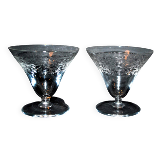 Set of 2 flared crystal glasses engraved guilloche scrolls art deco 1920 champagne cocktail cup