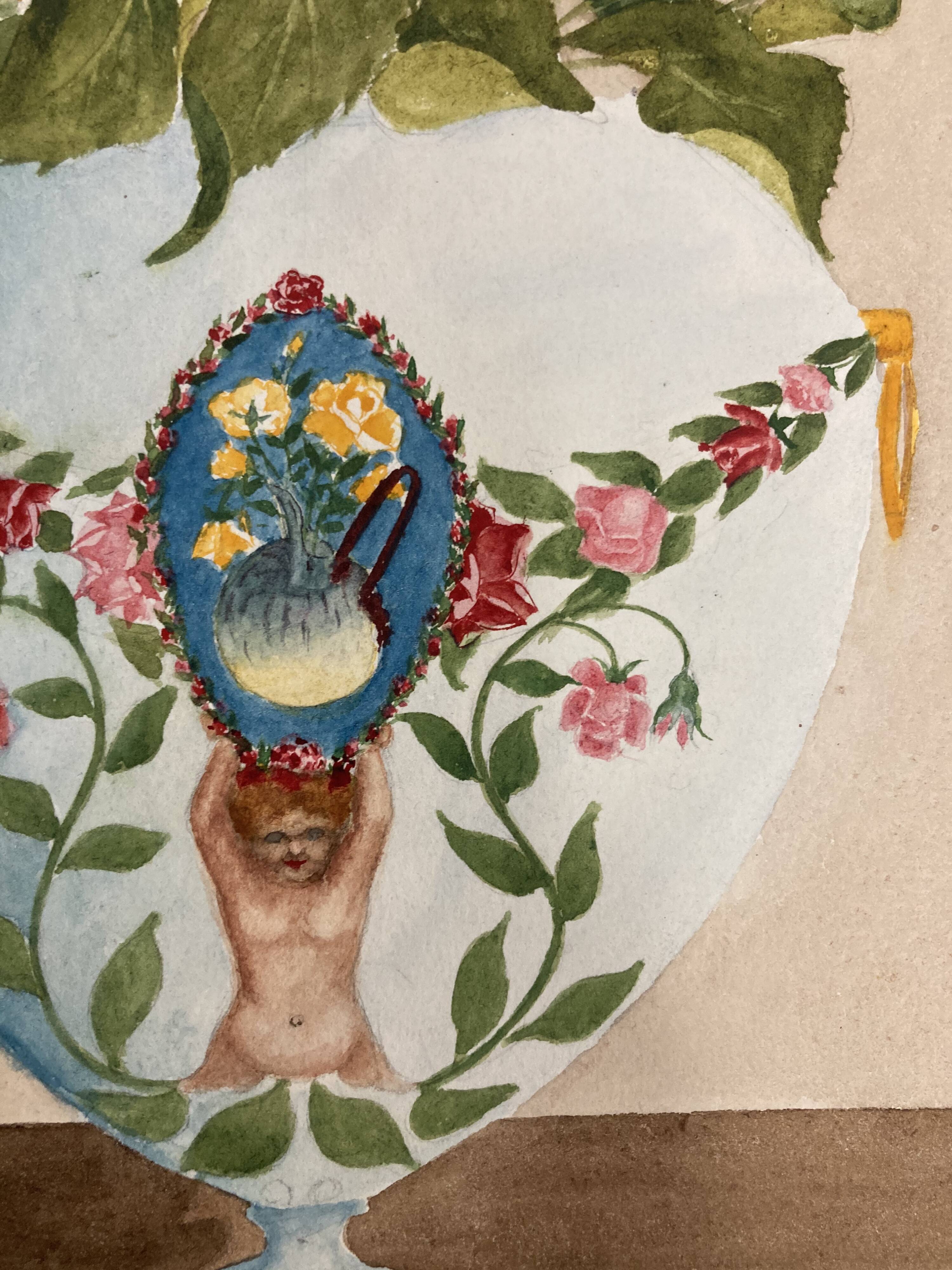 Vintage watercolor with roses in earthenware vase with angel