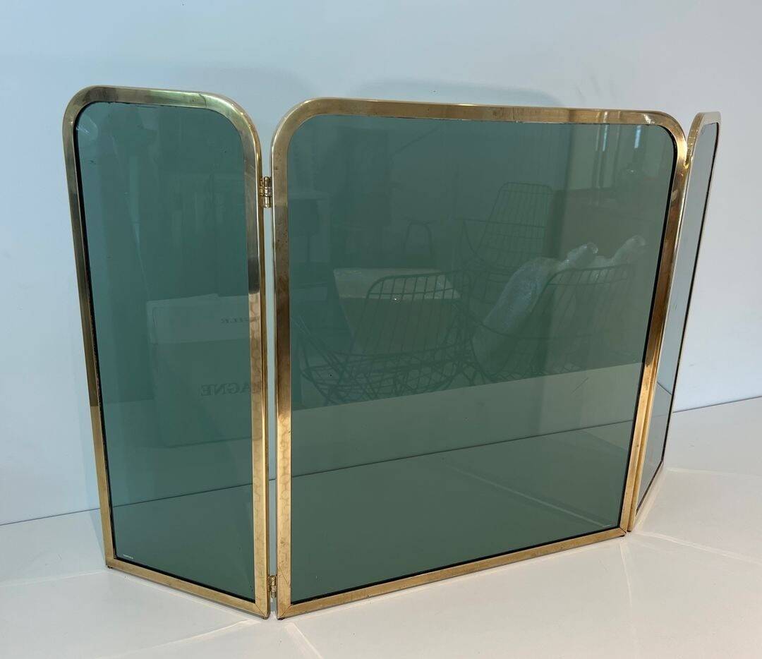 Three-Panel Folding Fire Screen in Tinted Green Glass with Brass Frame