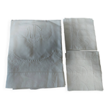 Drap ancien brodé parure deux taies lin 235 X 305 cm monogramme NC