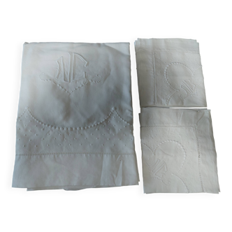 Drap ancien brodé parure deux taies lin 235 X 305 cm monogramme NC