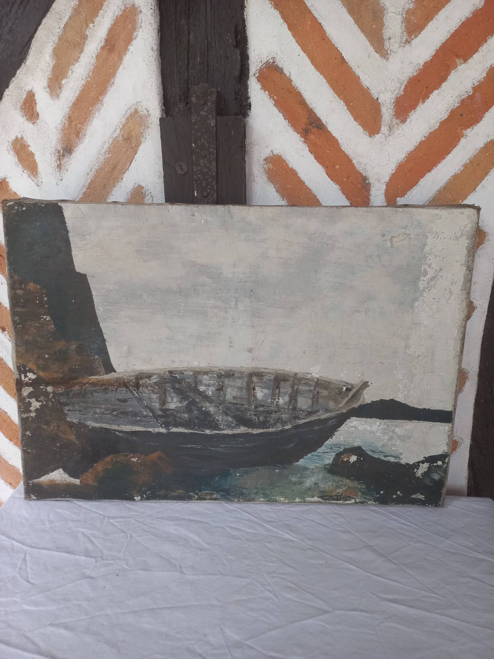 Oil painting on canvas old boat
