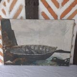 Tableau huile sur toile ancienne barque