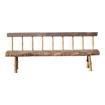 Grand banc bois vintage, banc bois ancien, banc artisanal, brutaliste, hall d'entrée