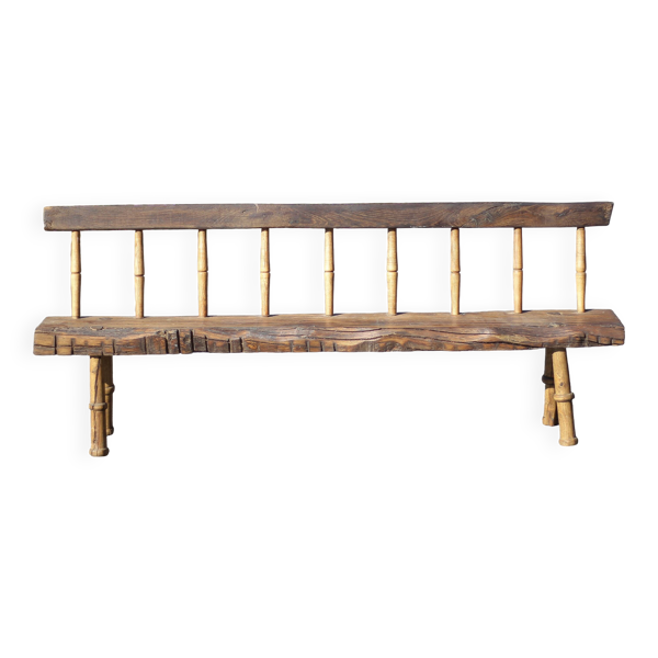 Grand banc bois vintage, banc bois ancien, banc artisanal, brutaliste, hall d'entrée