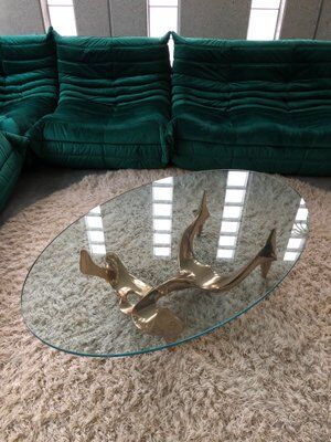 Bronze and glass coffee table with female sculpture by Victor Roman