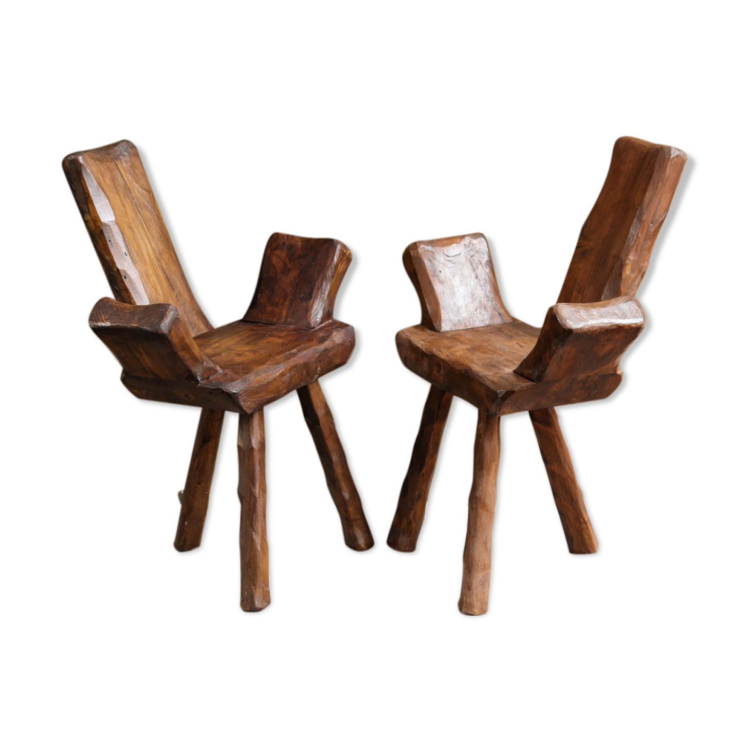 Pair of brutalist chairs made of raw wood