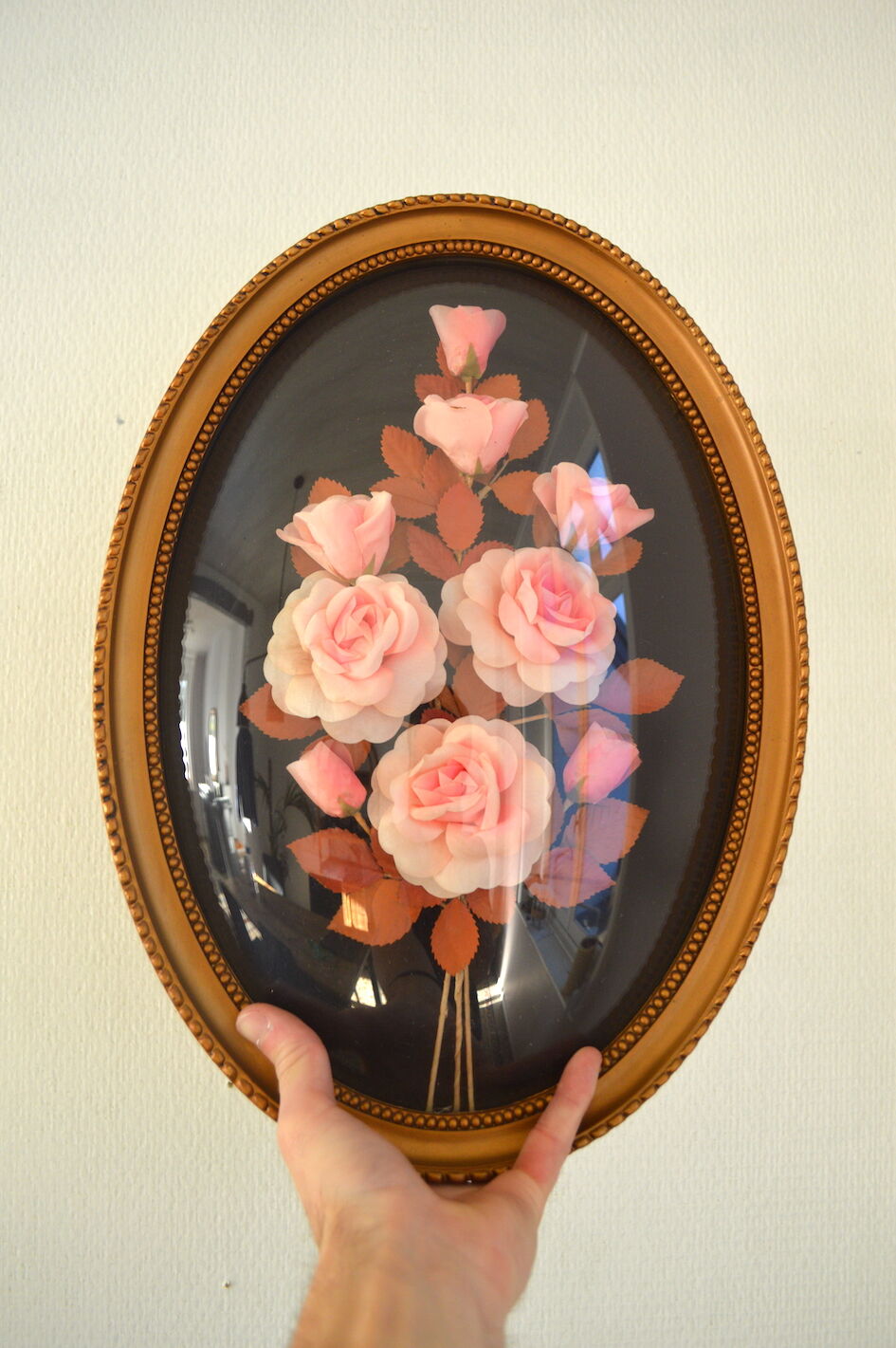 Cadre ovale vintage bouquet de roses 1980