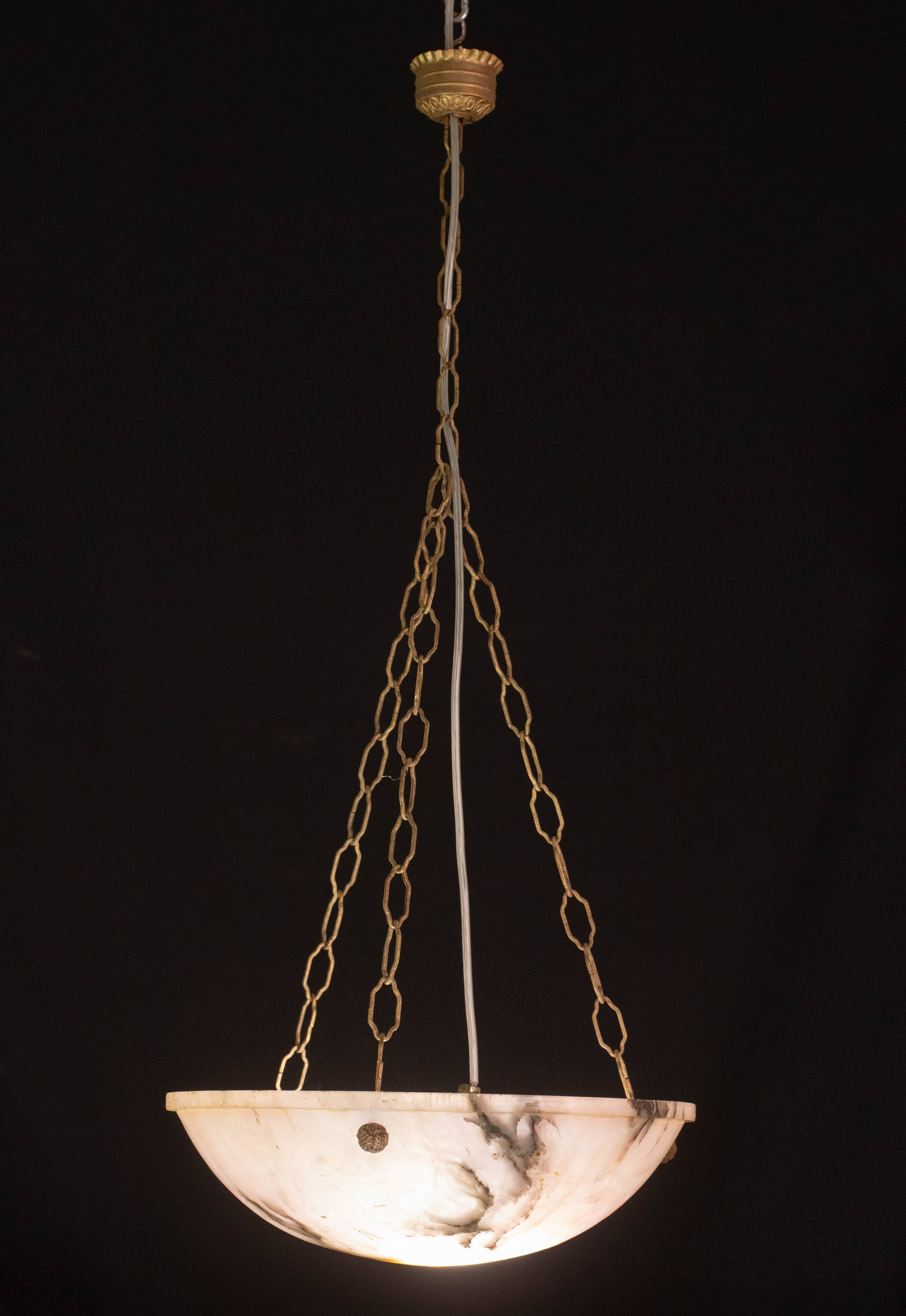 Art Decò Albaster white and pink chandelier, 1950s