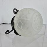 Art Deco lamp in frosted glass and wrought iron In the style of Edgard Brandt, 1930s-40s