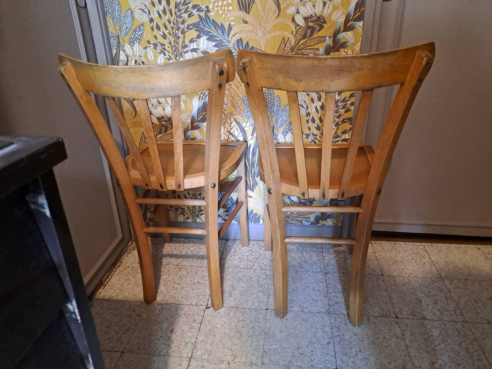 Set of 2 blond wood bistro chairs 1940