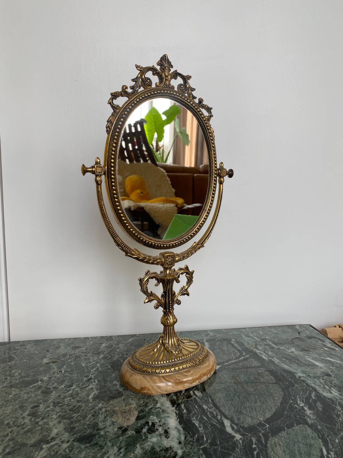 Miroir de Table Victorien Vintage en Laiton sur Base en Marbre, 1950s