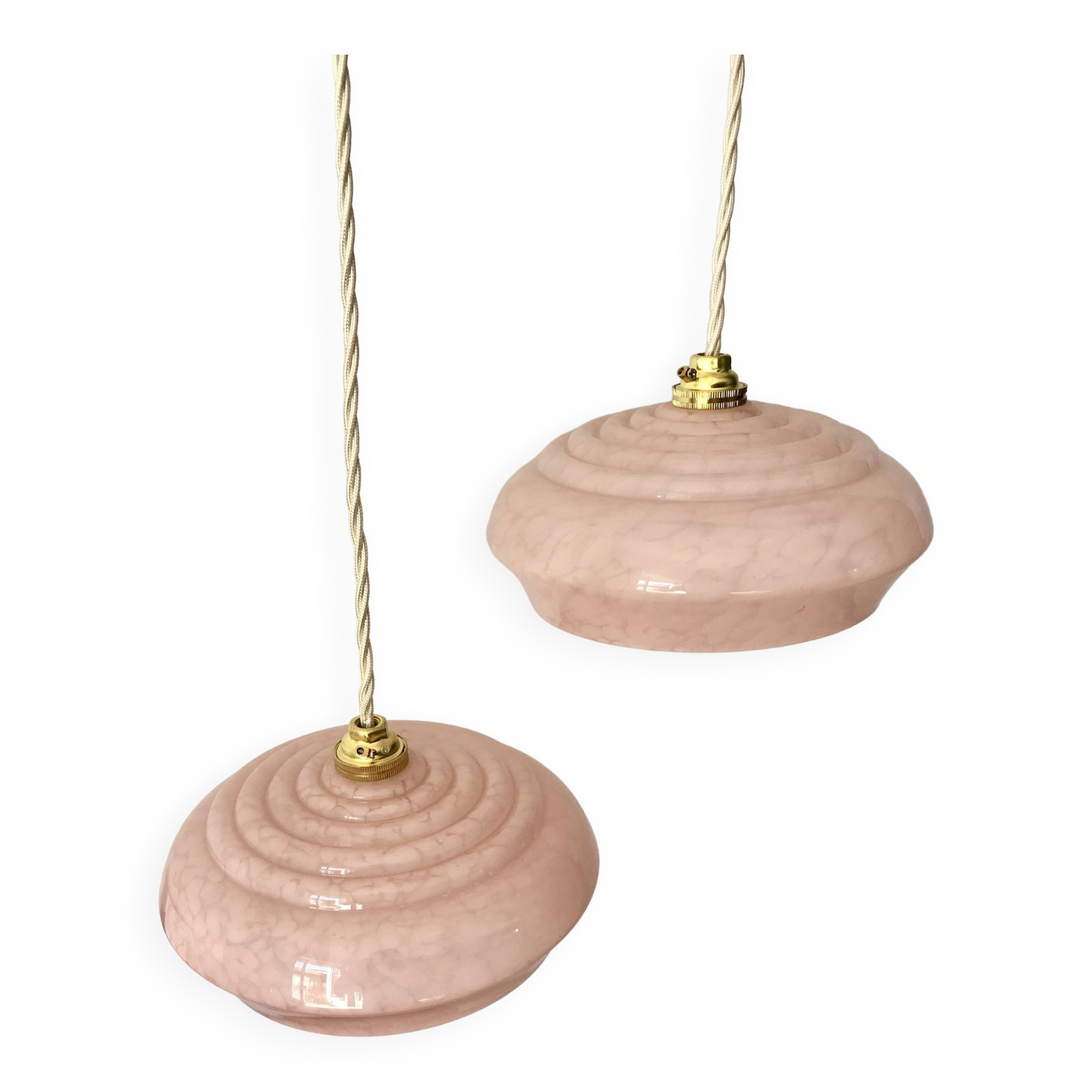 pair of candy pink Clichy glass pendant lights from the 1950s