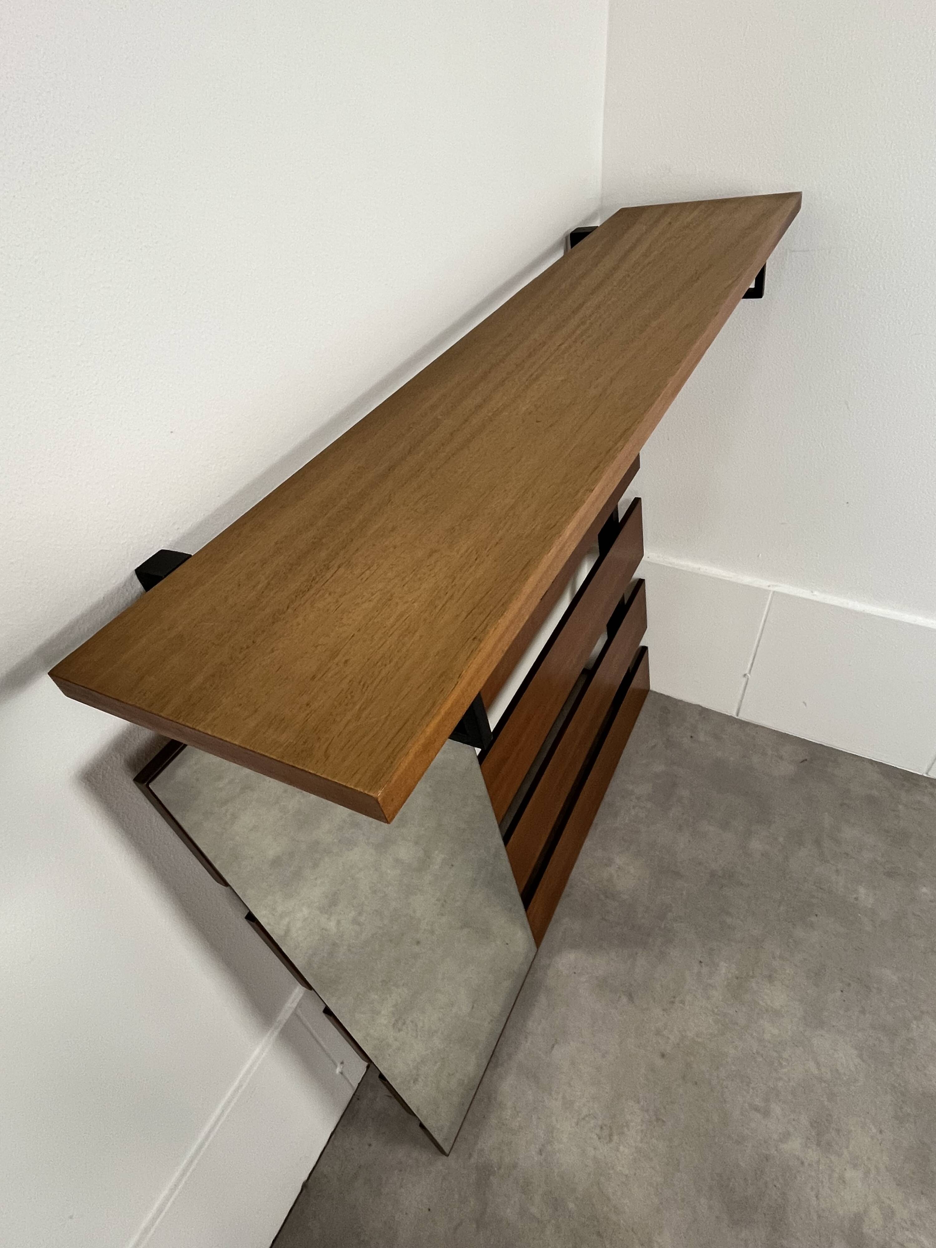 Teak wall coat rack and mirror, 60s, cloakroom