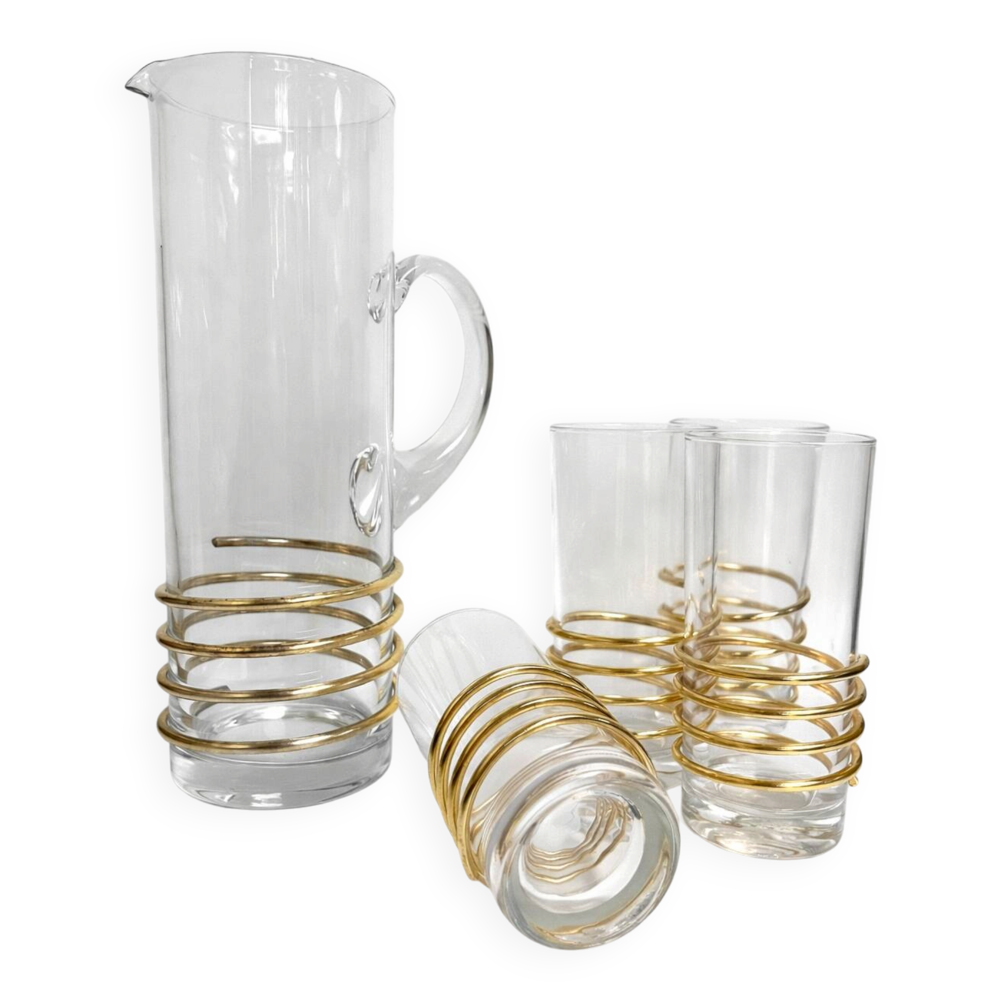 Vintage glassware set with decanter – golden spirals, France 1960