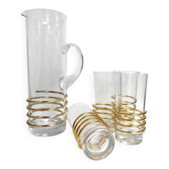 Vintage glassware set with decanter – golden spirals, France 1960