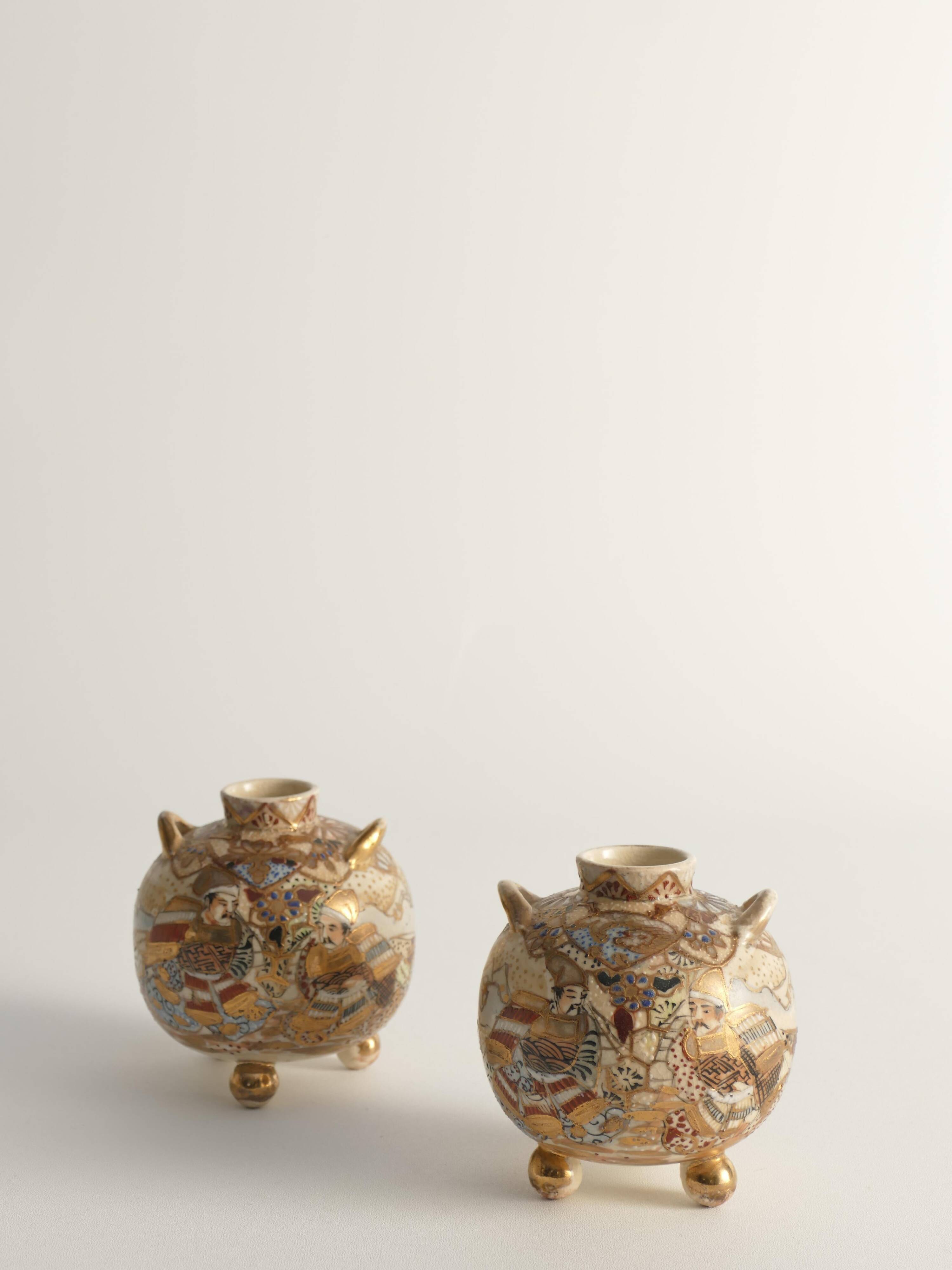 Satsuma Earthenware Vases, Hand-Painted Polychrome, Japan, Set of 2