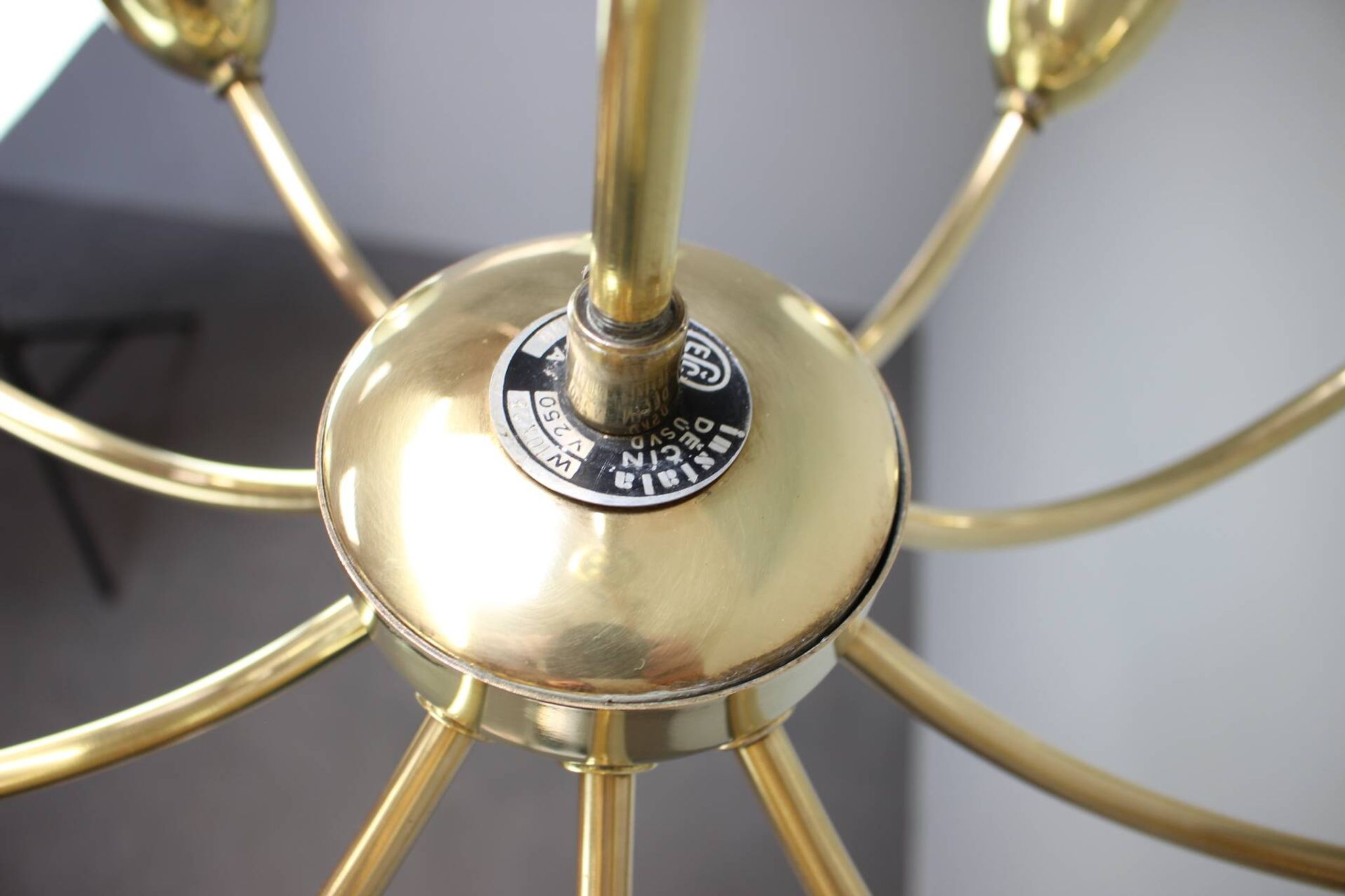 Brass and glass ten-arm chandelier from the mid-century, 1960s.