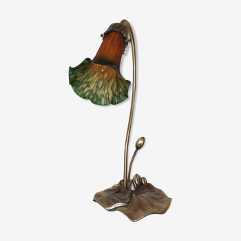 Brass water lily lamp and glass paste, art nouveau style.