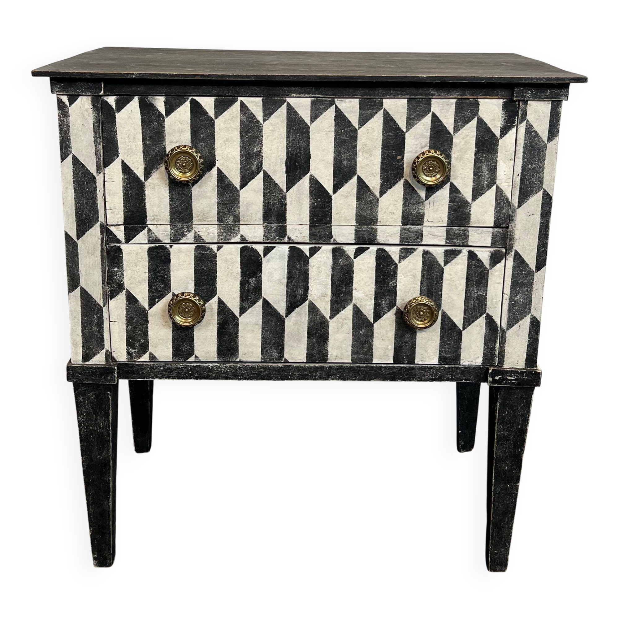 Small Italian chest of drawers with two drawers, patinated with a trompe-l'œil checkerboard pattern