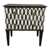 Small Italian chest of drawers with two drawers, patinated with a trompe-l'œil checkerboard pattern