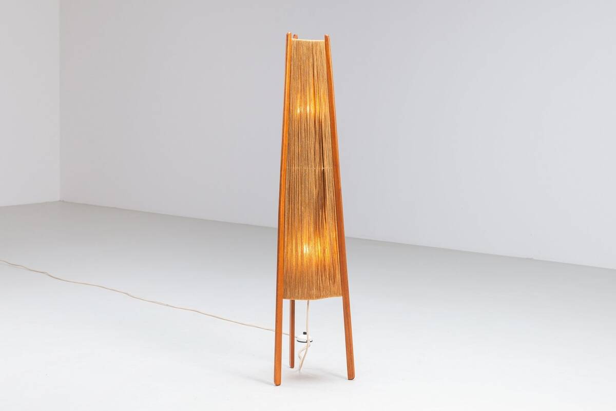 Temde tripod floor lamp in sisal and teak, Switzerland, 1960