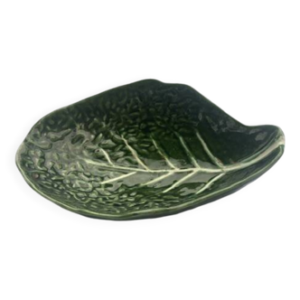 Bowl, deep dish, salad bowl in barbotine in the shape of a vintage green cabbage, enamelled ceramic, signed
