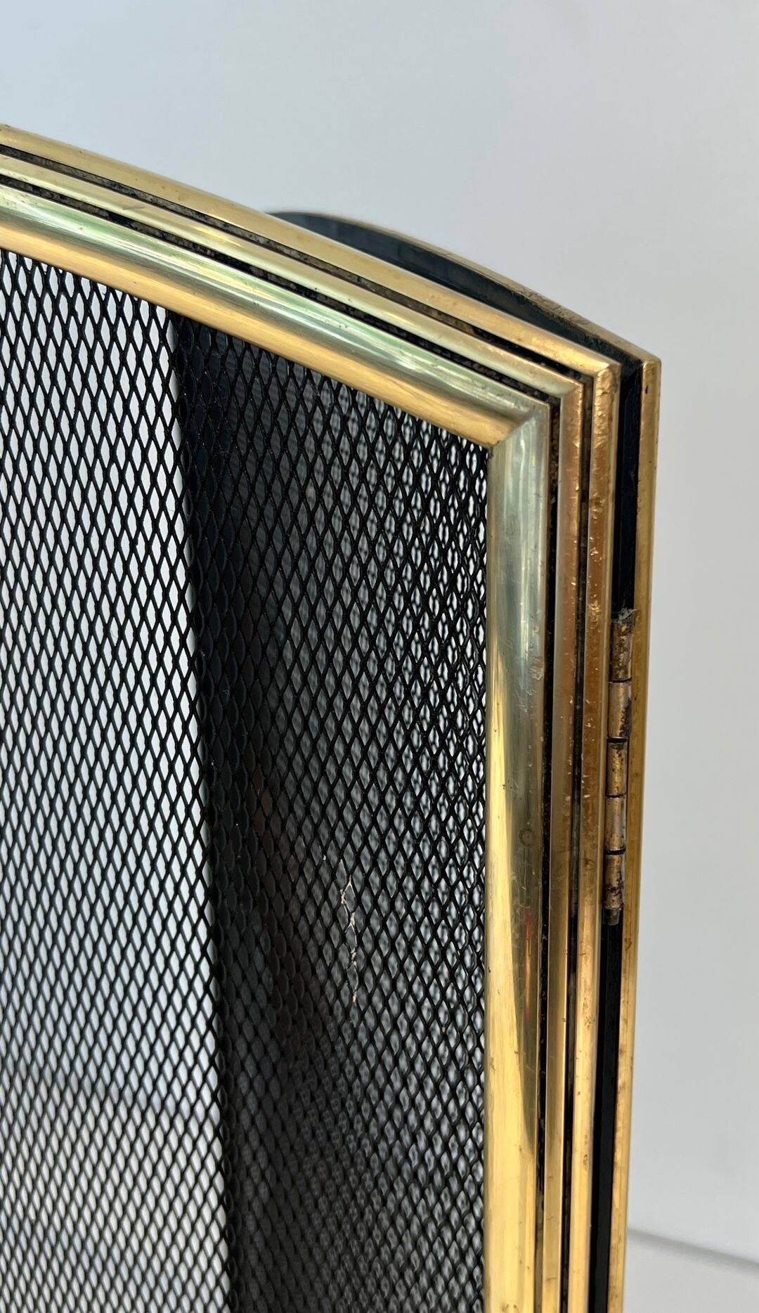 Three-Panel Neoclassical Fire Screen with Wire Mesh and Brass Frame