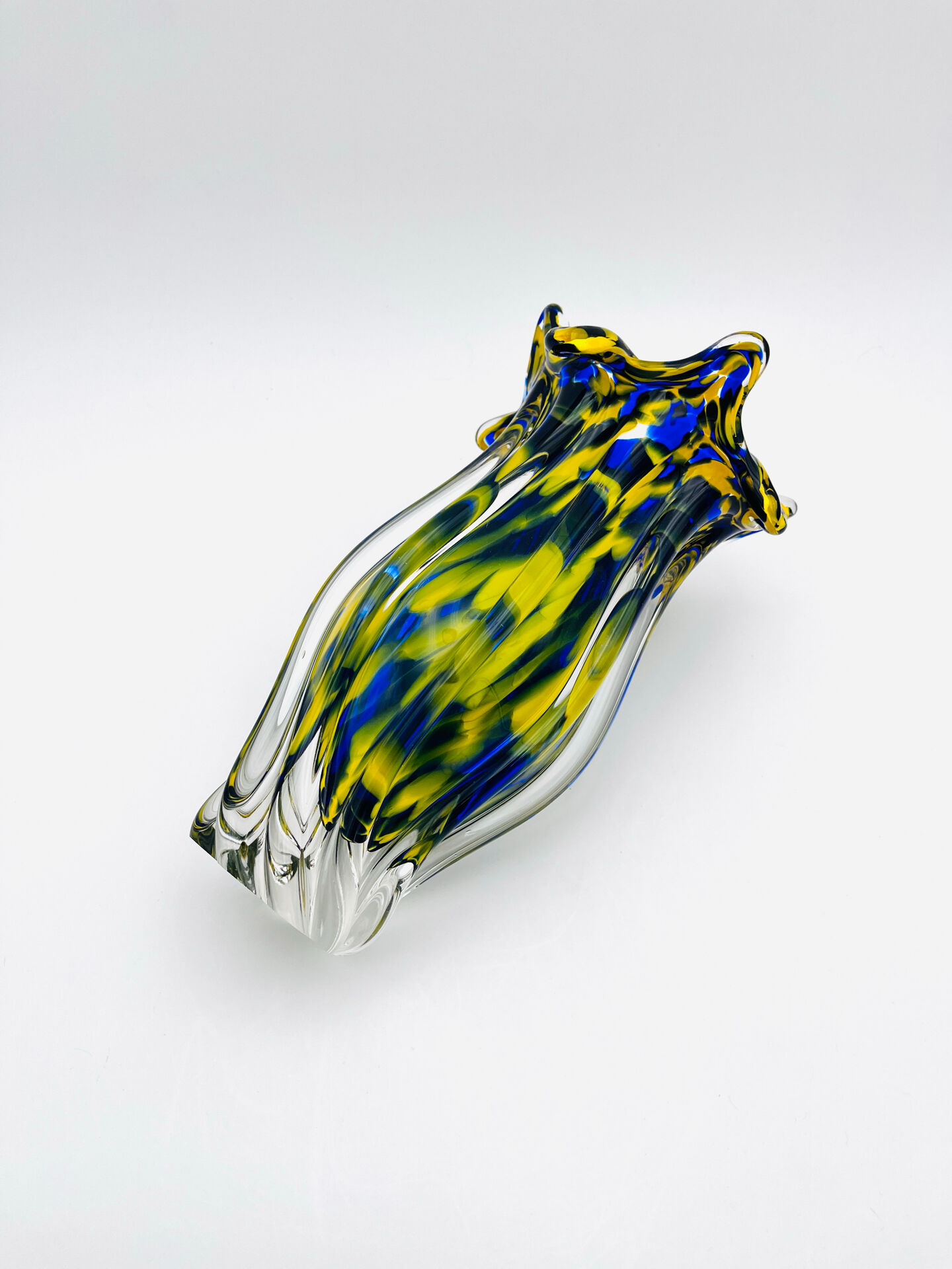 Vase Josef Hospodka Chřibská Macchia Blue Yellow Bohemian Glass 60s