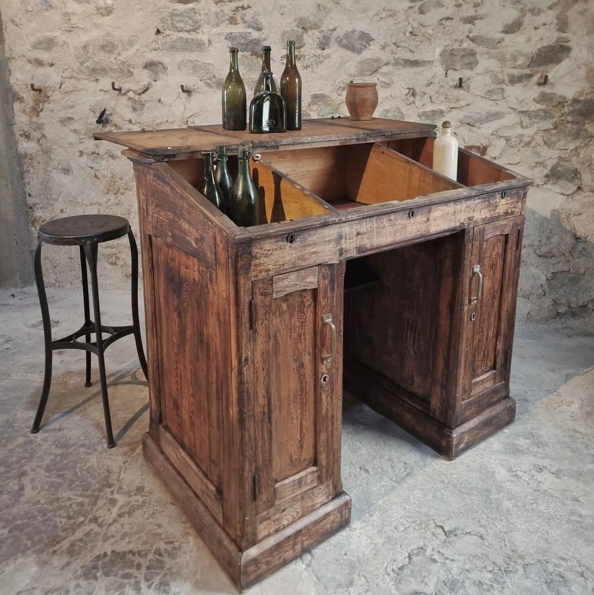 Antique French pine desk – 1880, bar/counter unit with drop-leaf compartments – 65×120×106 cm