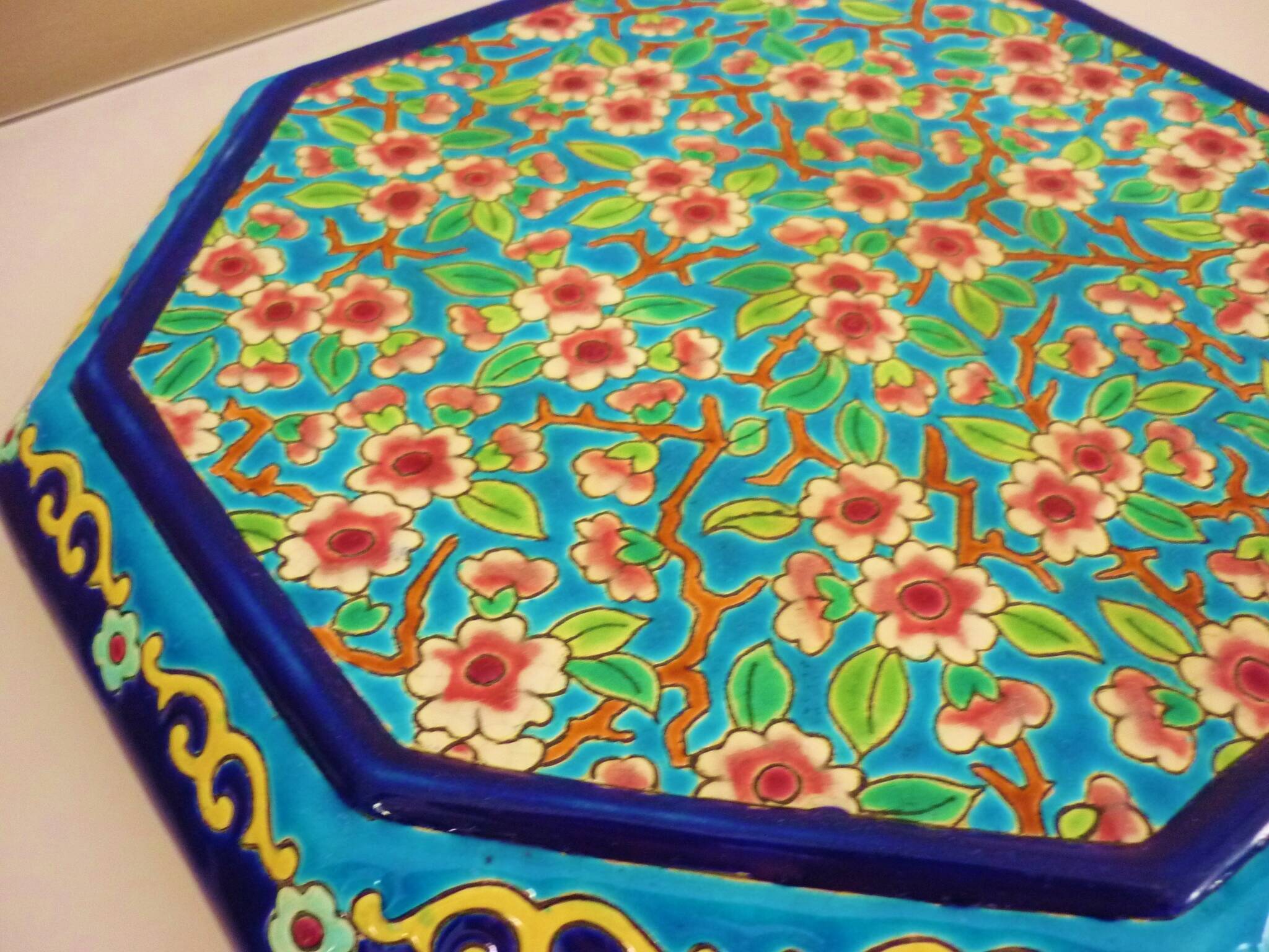 Glazed ceramic trivet, Longwy enamels, art deco