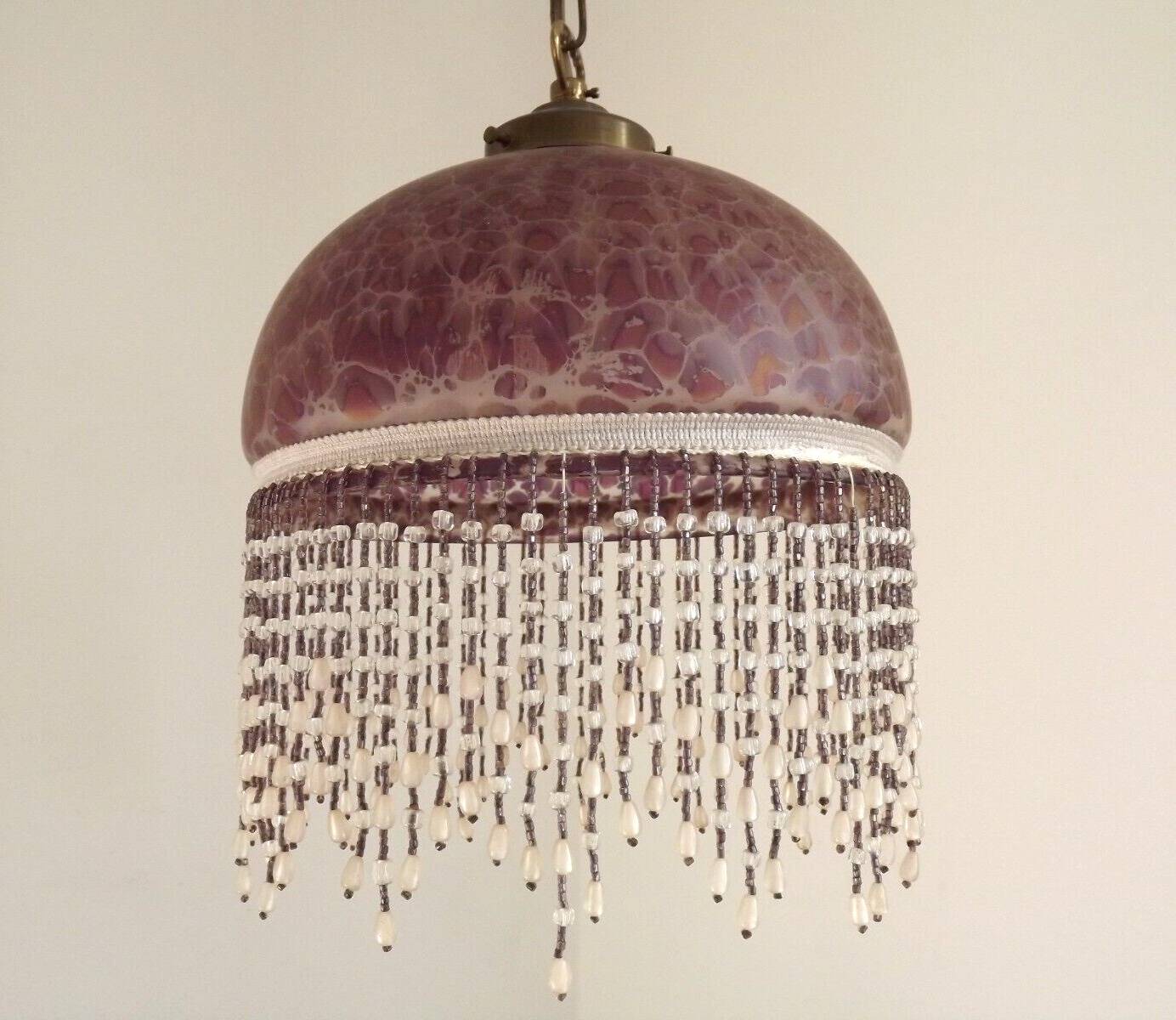 French Mid Century Purple Art Glass Ceiling Light Beaded Fringed Shade 4491