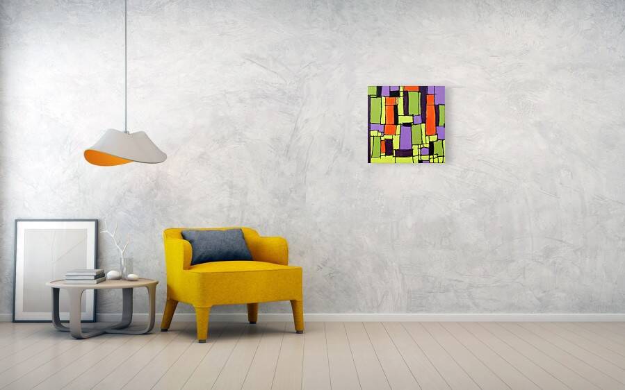 Modern abstract green, yellow, purple and orange mixed media painting