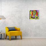 Modern abstract green, yellow, purple and orange mixed media painting