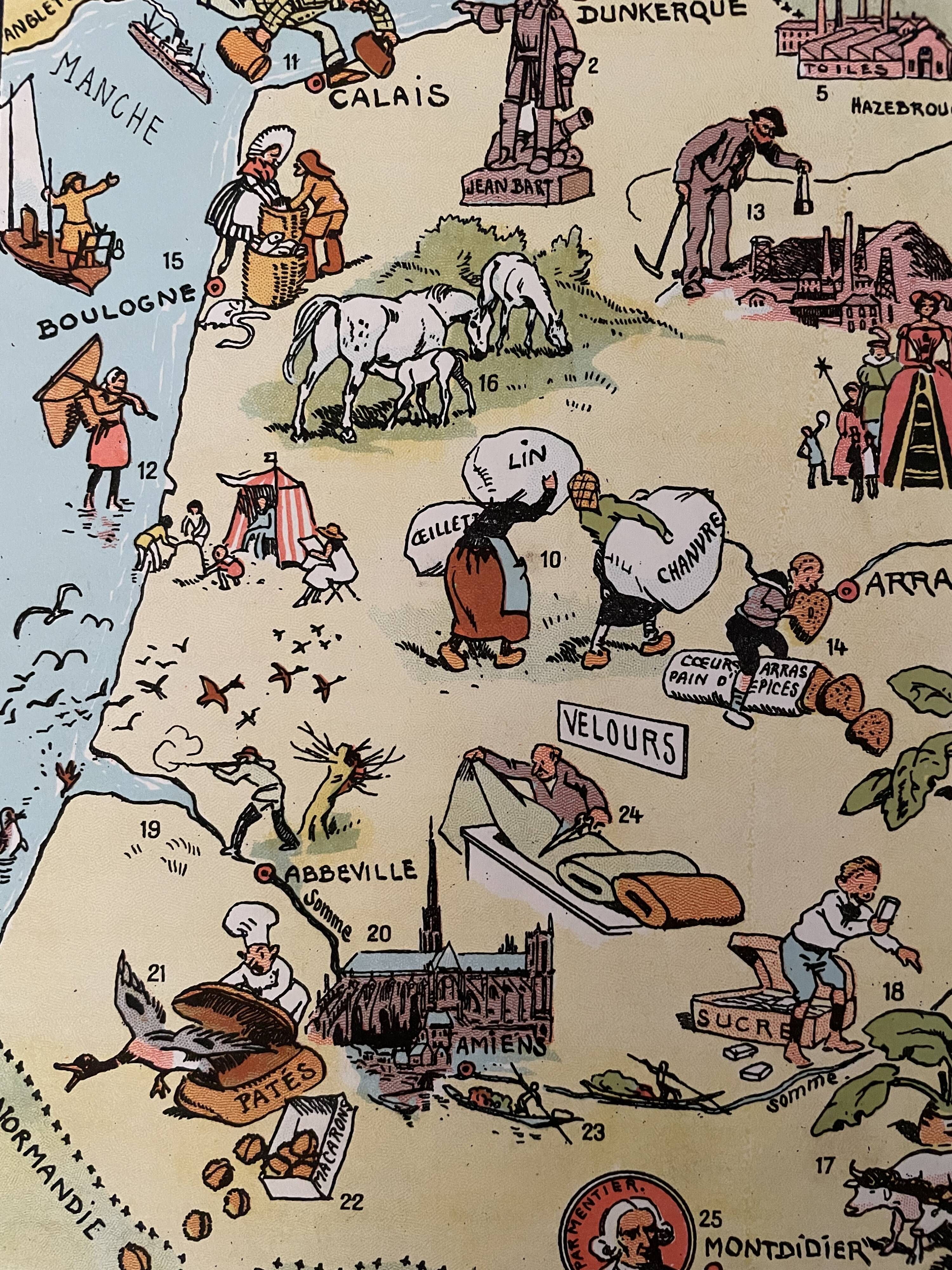 Old illustrated map of Flanders Artois Picardy 1948 - JP Pinchon