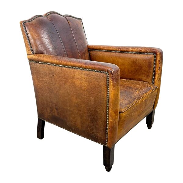 Fauteuil Moustache Français Antique – Fauteuil Club en Cuir Cognac – Début du 20ème siècle
