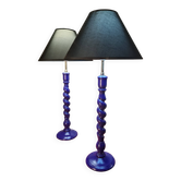 pair of twisted wooden lamps purple electric check 62x30