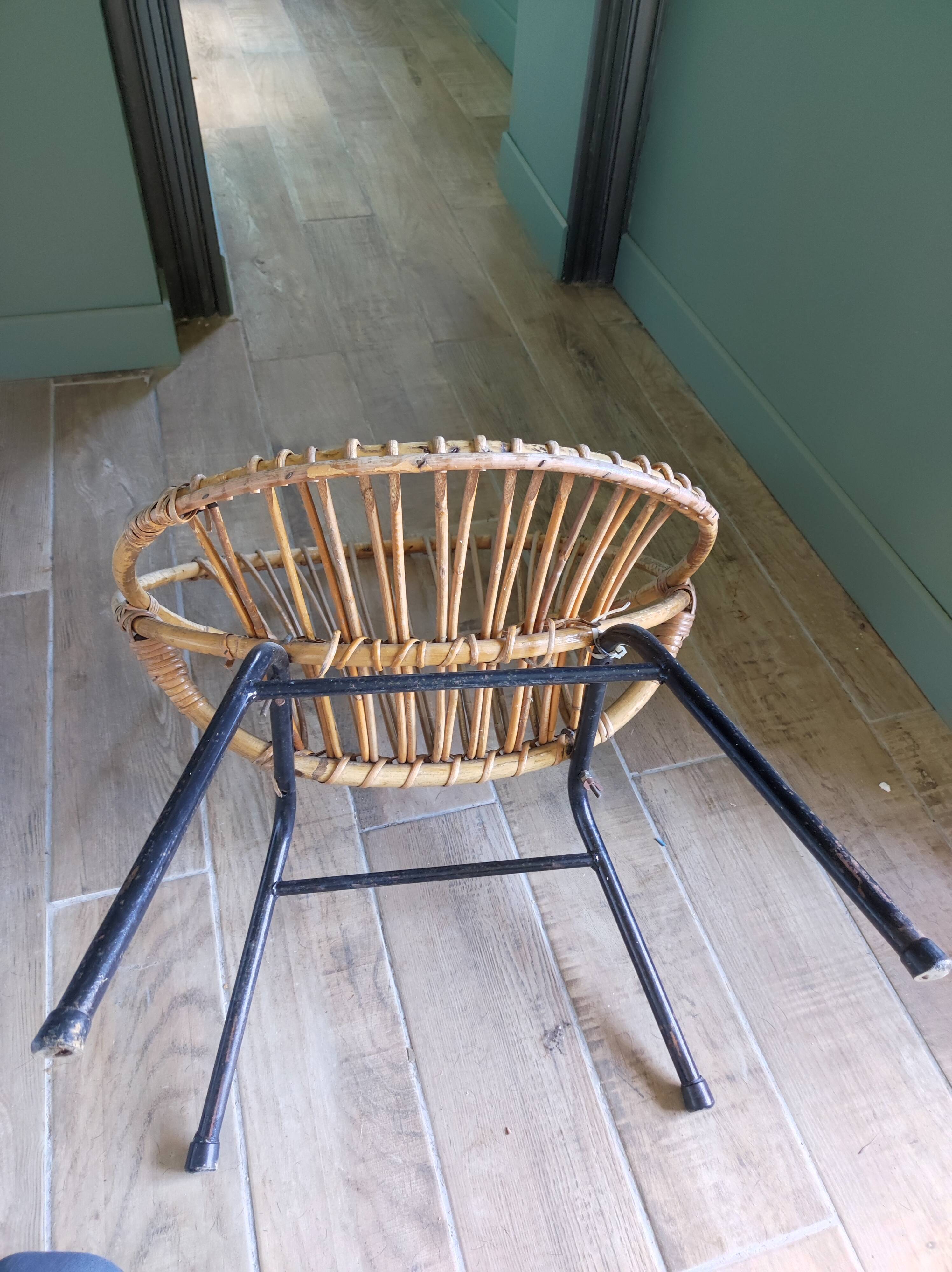 Armchair rattan shell bamboo base vintage steel